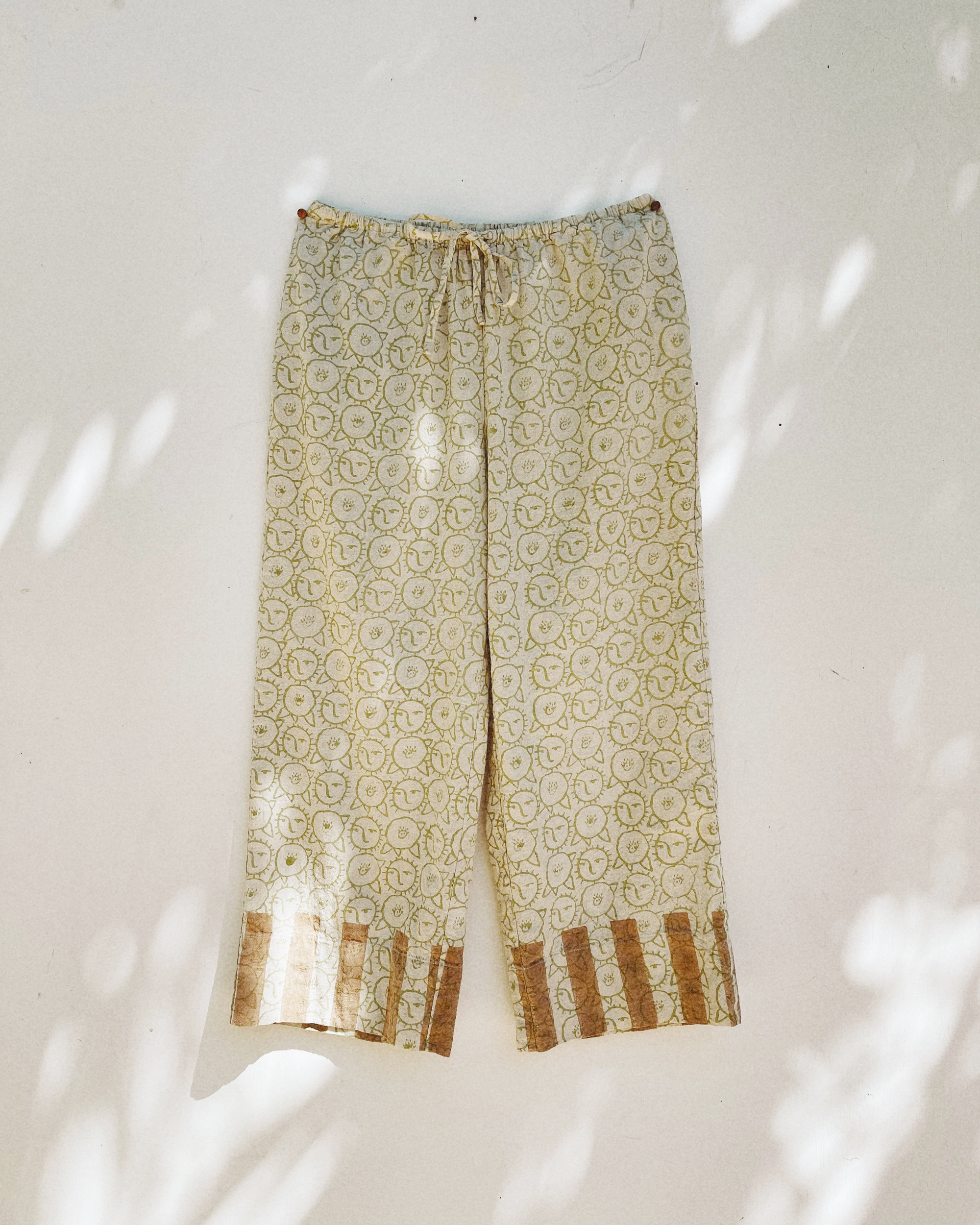 Beachcomber Tie Cotton Pants in Sun Flower Block-Print