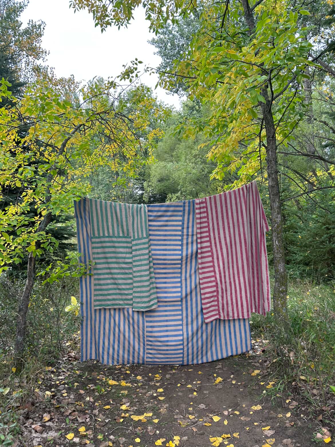 Handwoven Block Printed Stripe Coverlet Linen Sky Blue