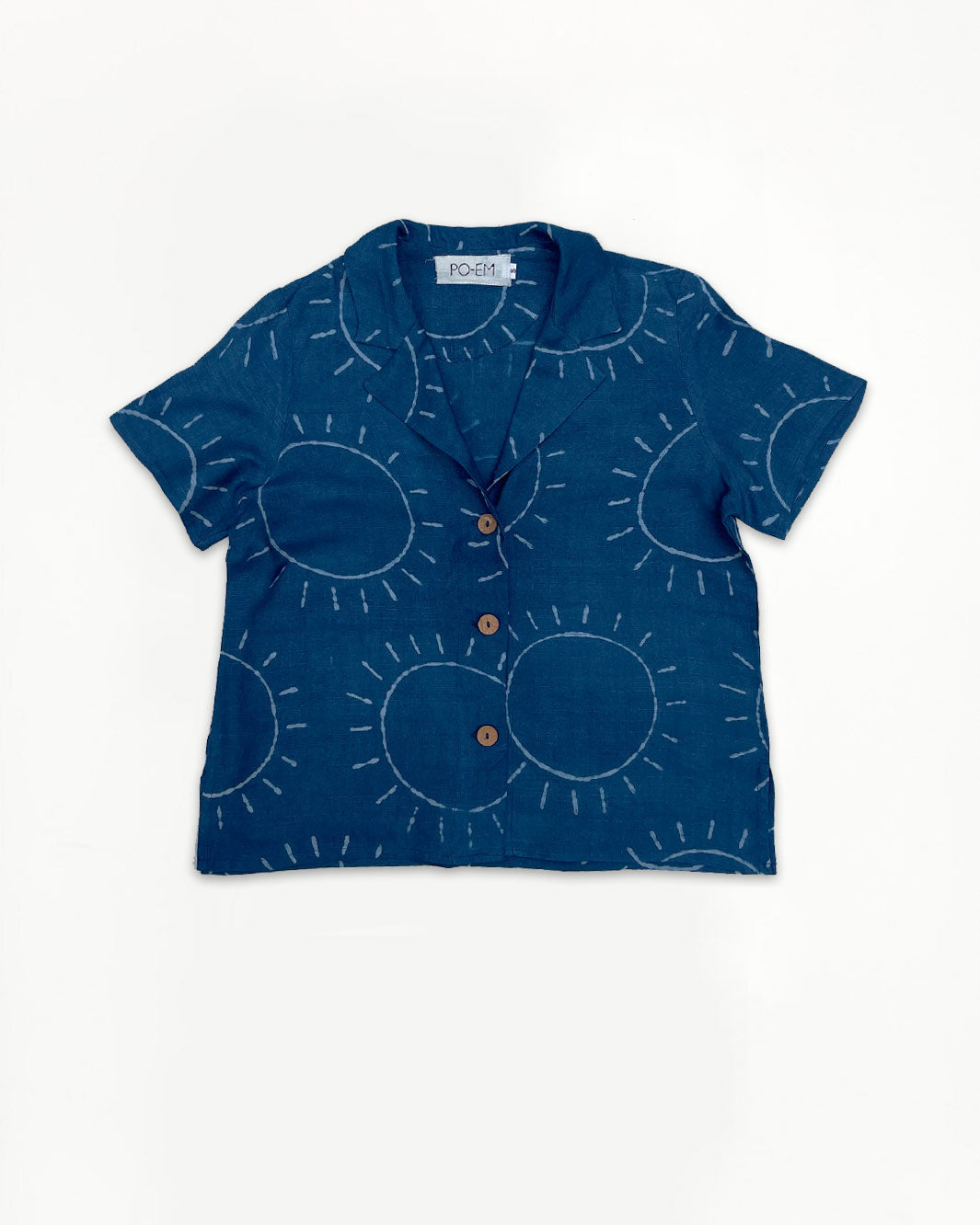 PO-EM silk cotton button down with indigo sun pattern block print