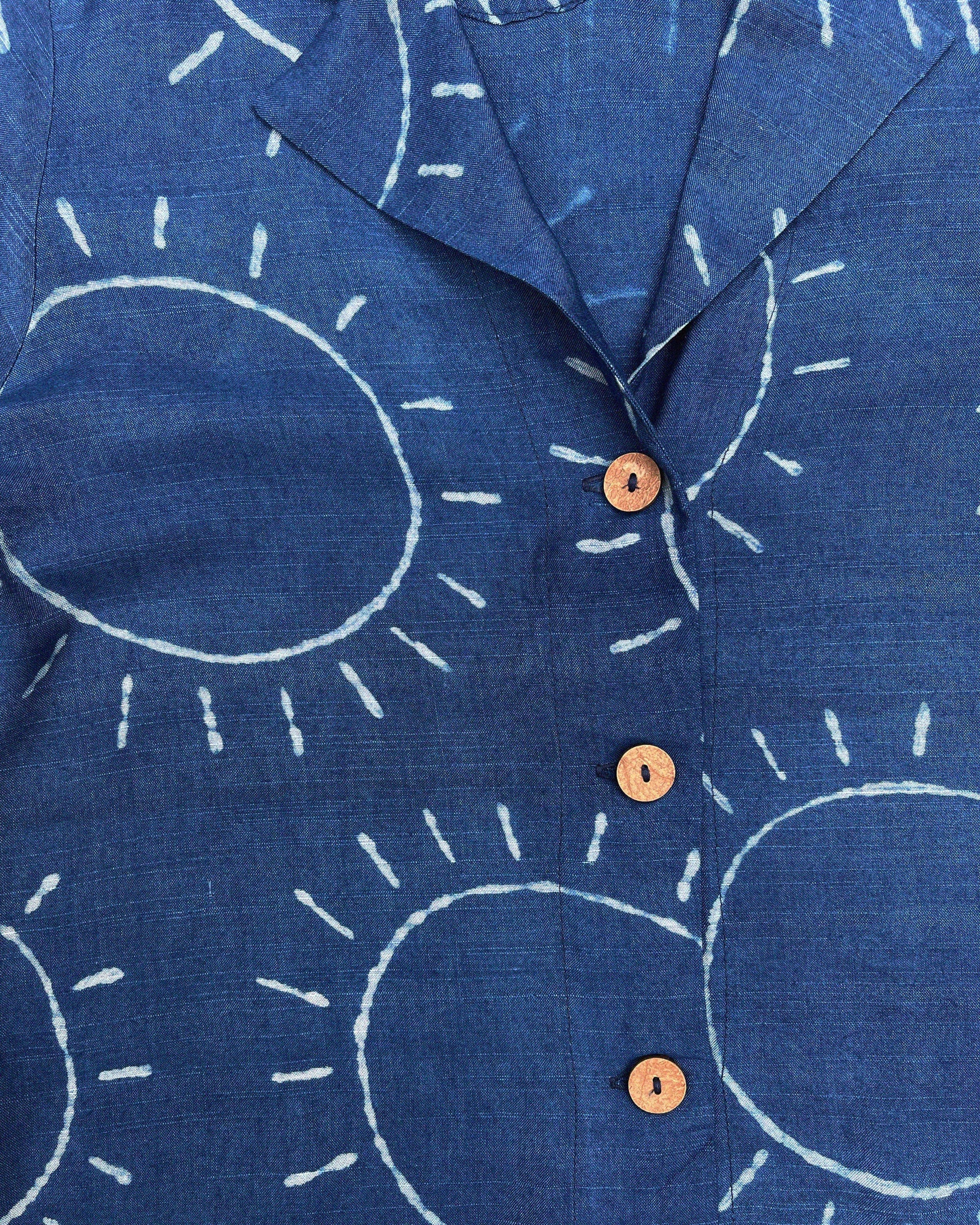 PO-EM silk cotton Utile Top button down with indigo sun pattern block print