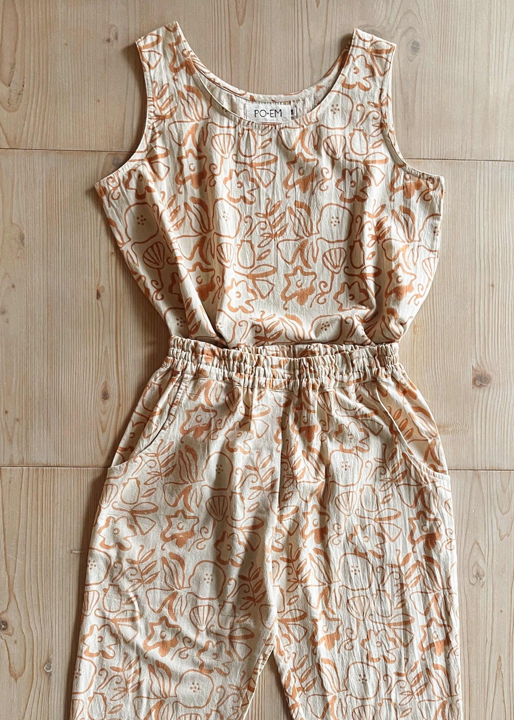 PO-EM Cotton Tank Top in Seashell Block-Print