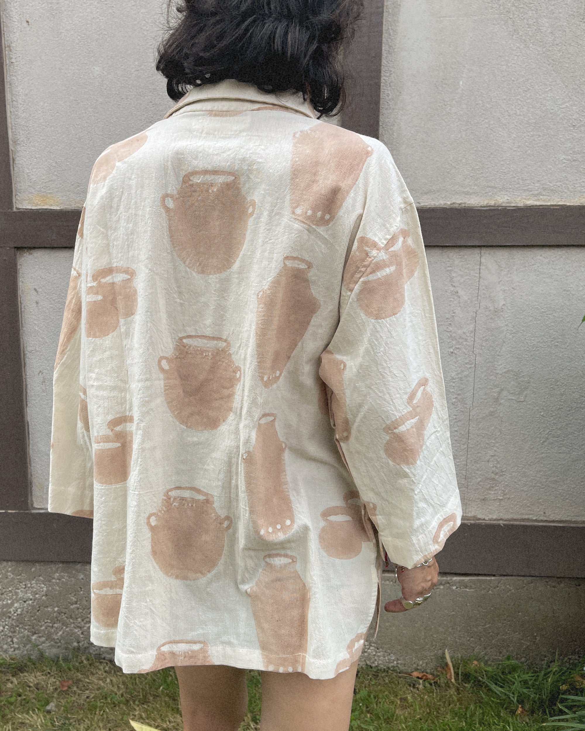 PO-EM Cotton Button Down Top in Jug Block Print