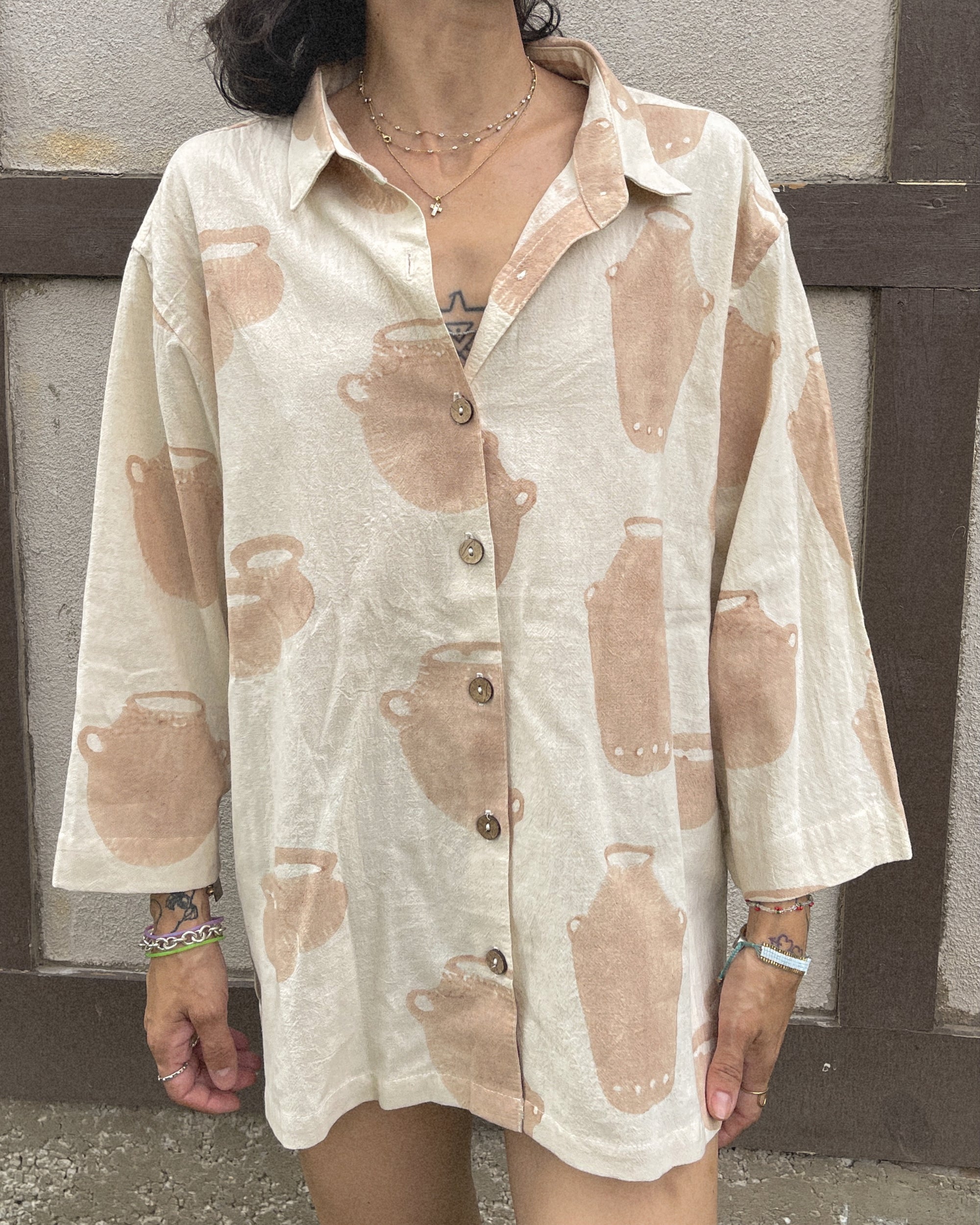 PO-EM Cotton Button Down Top in Jug Block Print