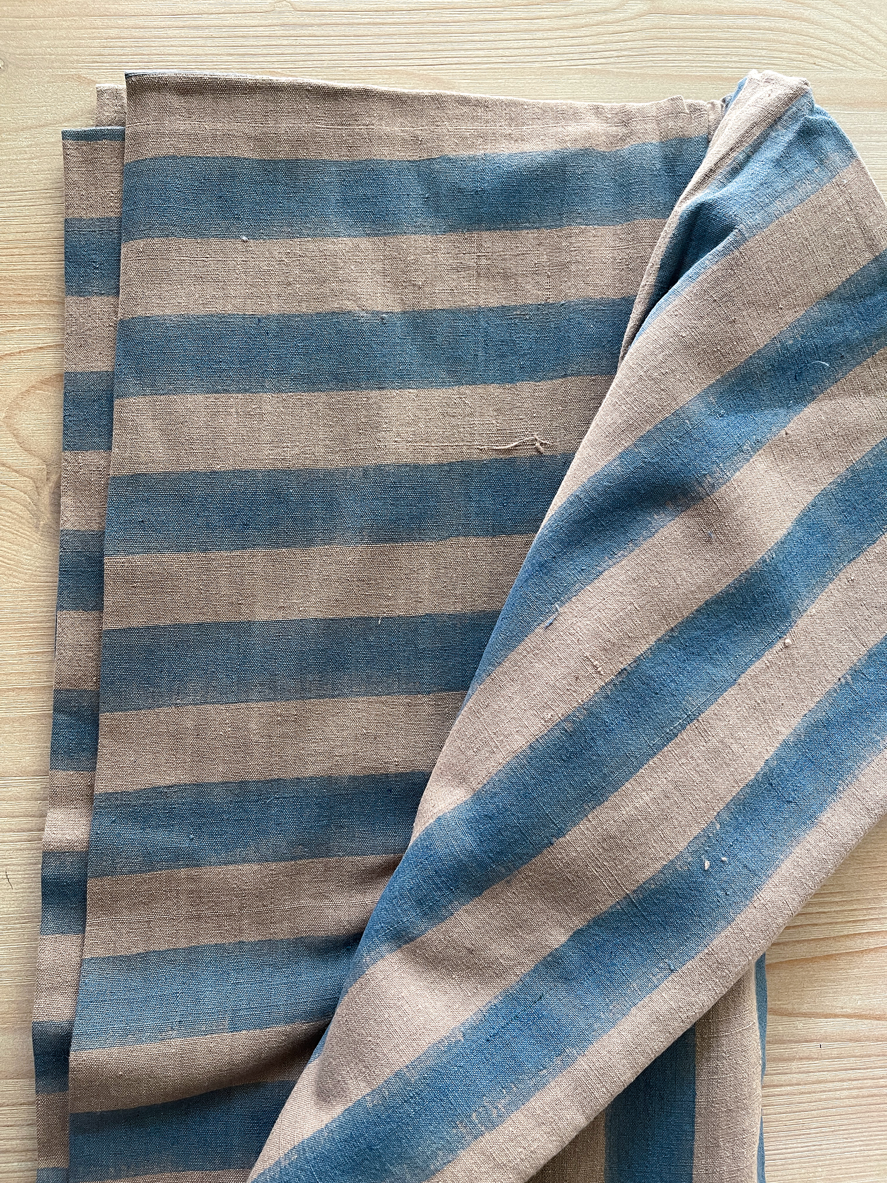 Handwoven Block Printed Stripe Coverlet Linen Sky Blue