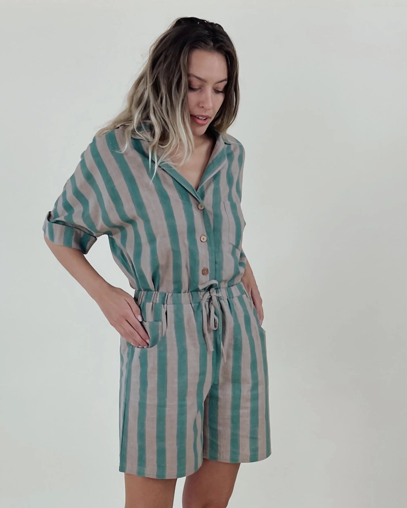 Throwback Tie Shorts in Sea Stripe Block Print