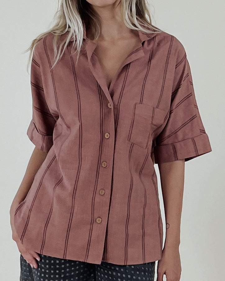 Button Down Palms Top in Terra Block Stripe