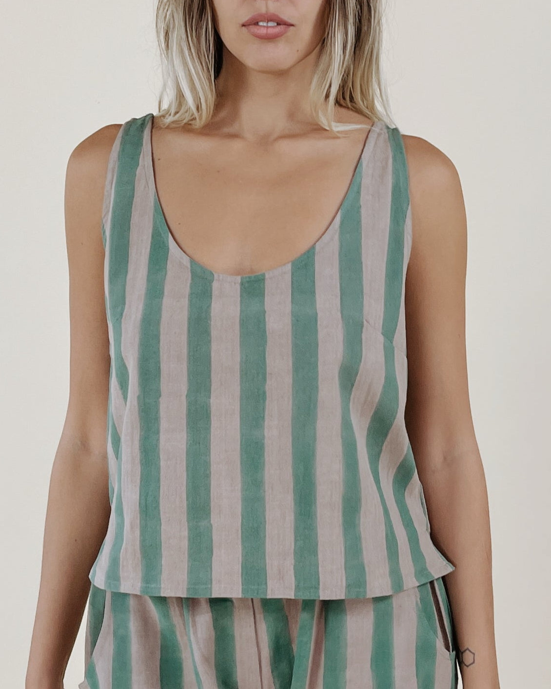 Scoop Tank Top in Blockprint Cotton Sea Stripe