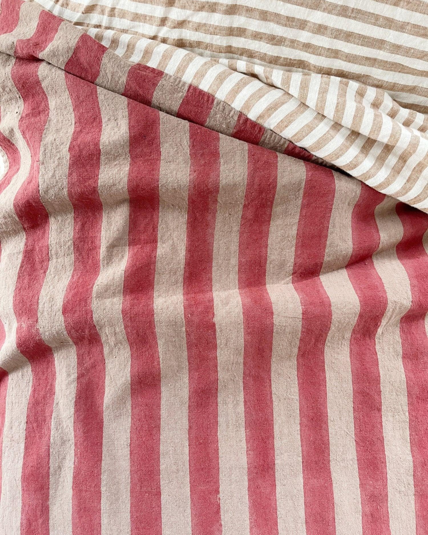 Block Printed Stripe Coverlet Linen Strawberry Field