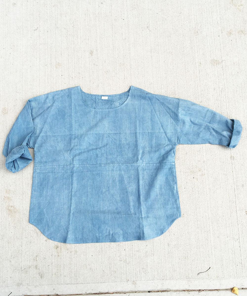 Handmade handwoven sustainable PO-EM everyday top, naturally dyed with indigo. 