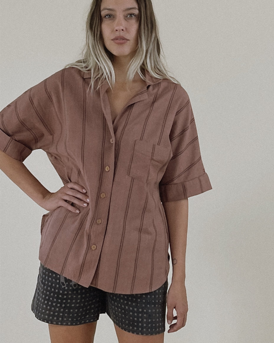 Button Down Palms Top in Terra Block Stripe