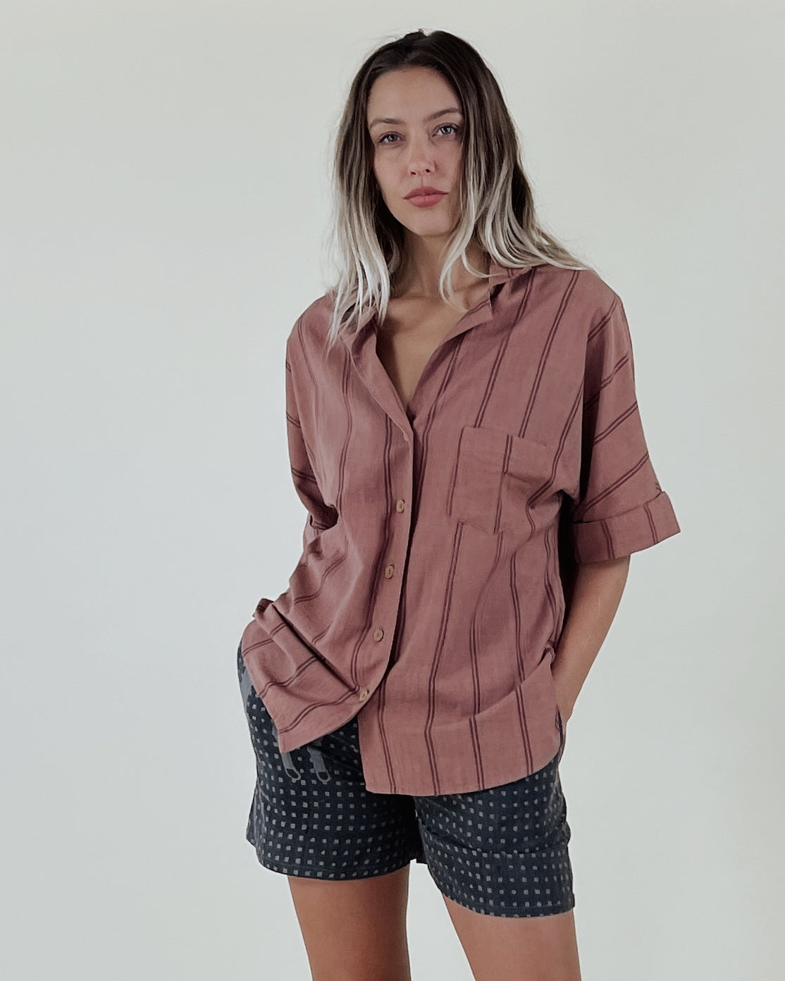 Button Down Palms Top in Terra Block Stripe
