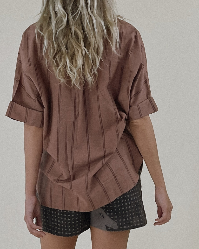 Button Down Palms Top in Terra Block Stripe PO-EM