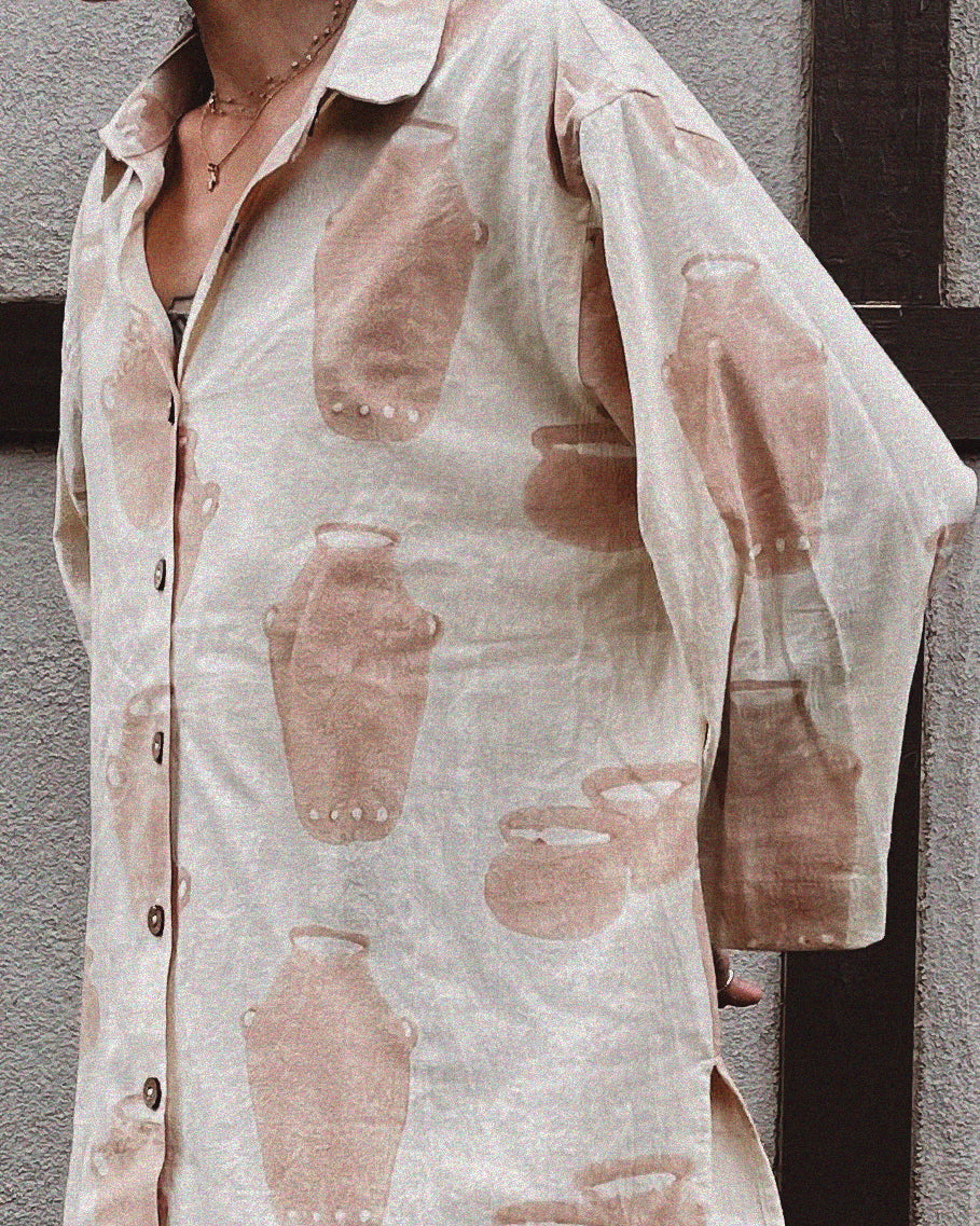 PO-EM Cotton Button Down Top in Jug Block Print