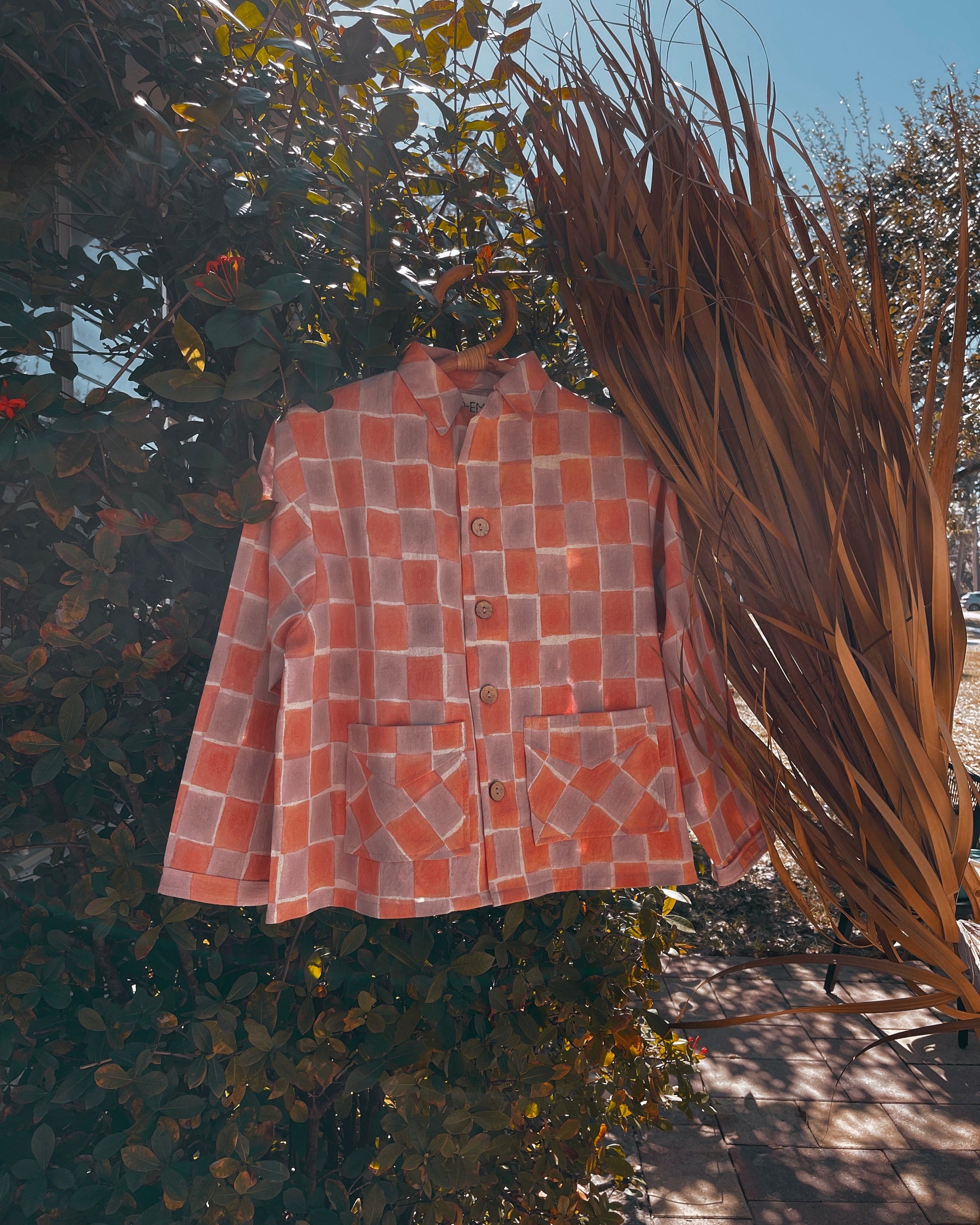 Handwoven Cotton Eli Jacket in Sala Block-print Checkered Pattern Lavendar