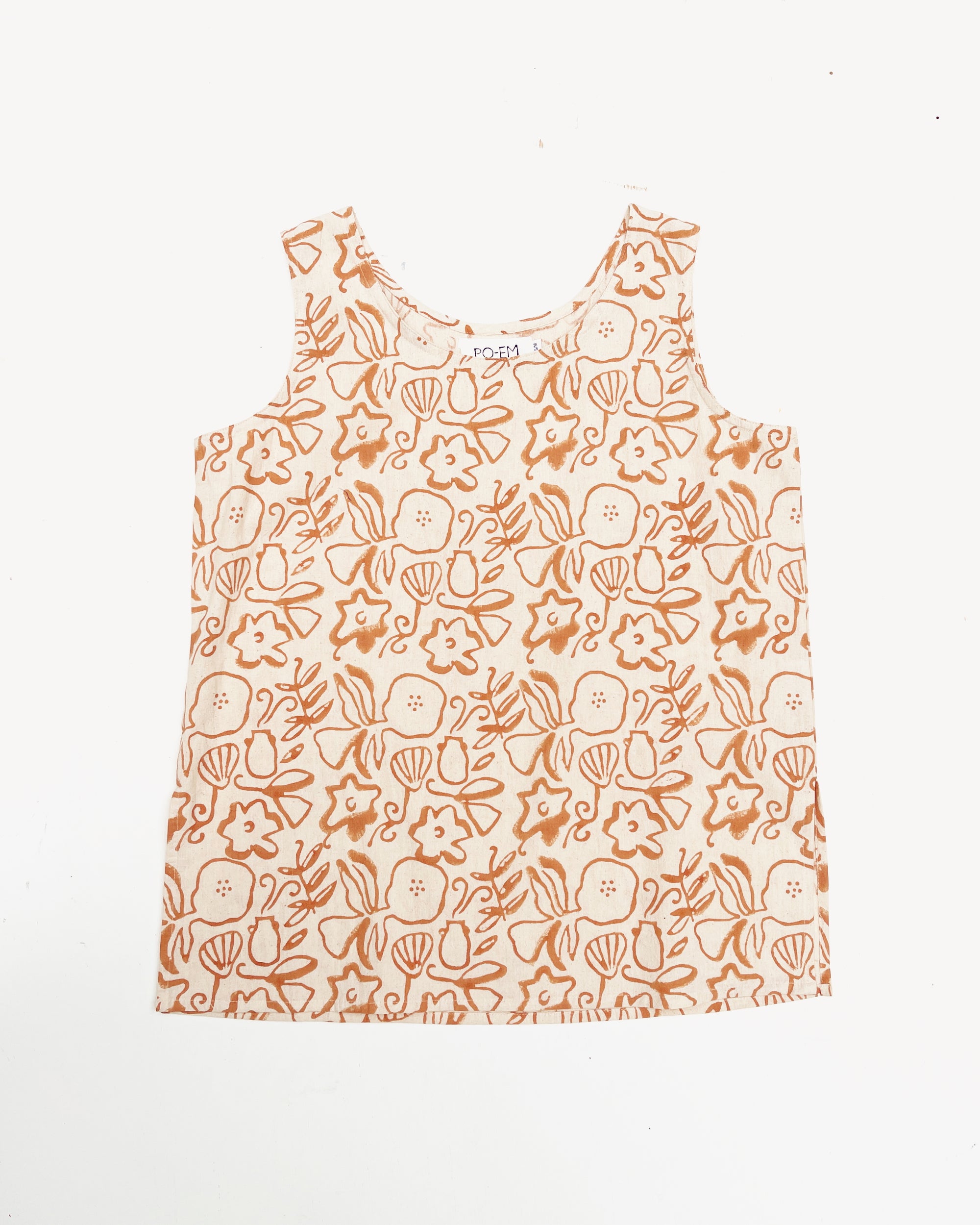 Long Cotton Tank Top in Seashell Block-Print