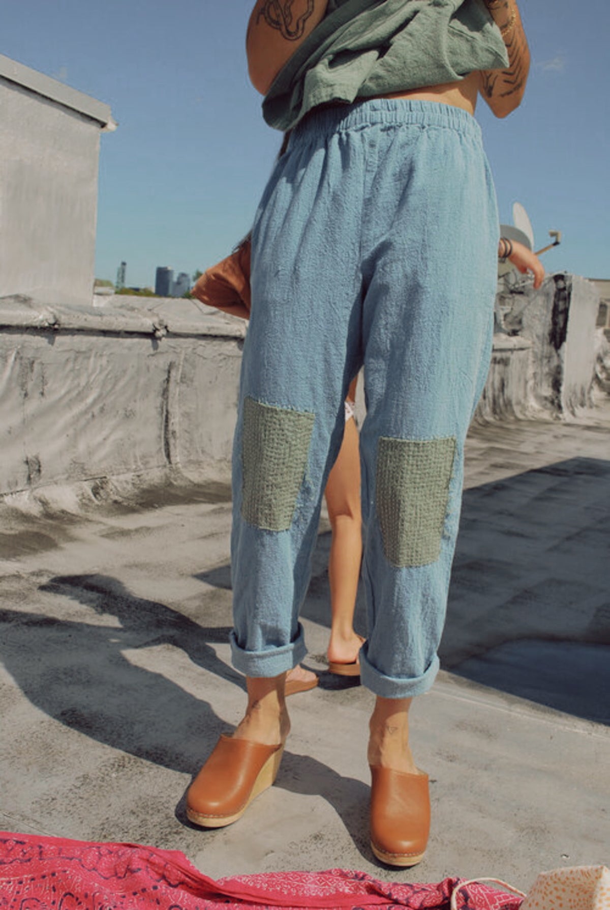 Patched Indigo Lounger Pants with Hand-Stitching