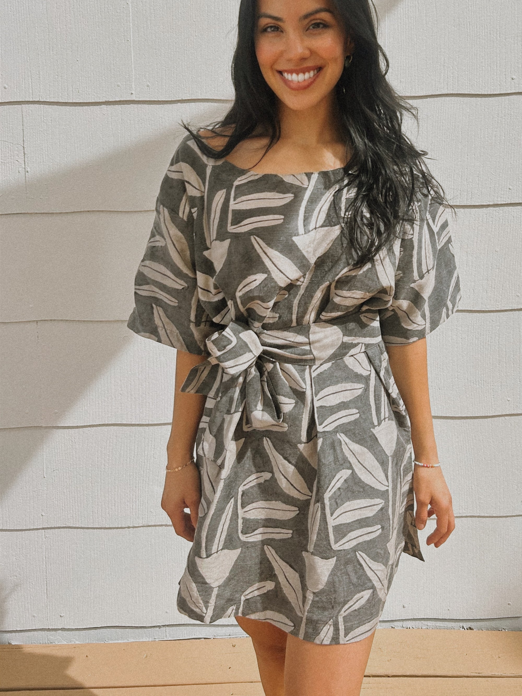 Silky Block-Print Tulipano Party Dress with Sash 